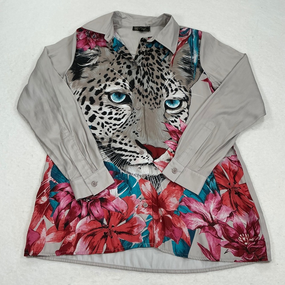 D2 Diane Gilman Leopard Hibiscus Graphic Print Button Down Shirt Grey XS